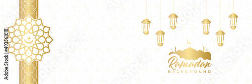 Islamic background, Gift box, lantern, white gold crescent moon on white. Design concept of ramadan kareem, mawlid, iftar,isra and miraj or eid al fitr adha, copy space text area. Vector illustration
