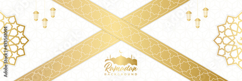 Islamic background, Gift box, lantern, white gold crescent moon on white. Design concept of ramadan kareem, mawlid, iftar,isra and miraj or eid al fitr adha, copy space text area. Vector illustration