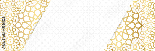 Islamic background, Gift box, lantern, white gold crescent moon on white. Design concept of ramadan kareem, mawlid, iftar,isra and miraj or eid al fitr adha, copy space text area. Vector illustration