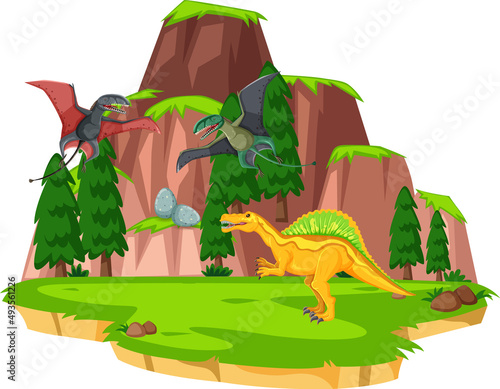 Scene with pteranodon and spinosaurus