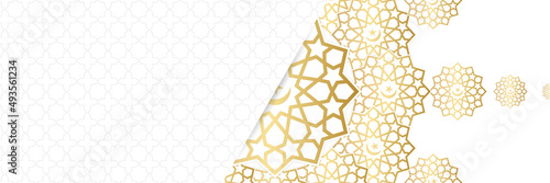 Islamic background, Gift box, lantern, white gold crescent moon on white. Design concept of ramadan kareem, mawlid, iftar,isra and miraj or eid al fitr adha, copy space text area. Vector illustration