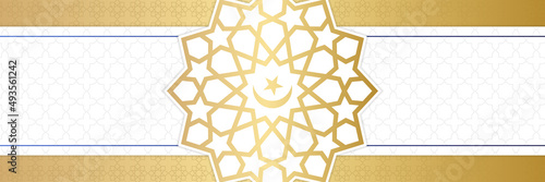 Islamic background, Gift box, lantern, white gold crescent moon on white. Design concept of ramadan kareem, mawlid, iftar,isra and miraj or eid al fitr adha, copy space text area. Vector illustration