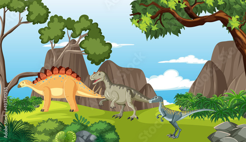Dinosaur in prehistoric forest scene