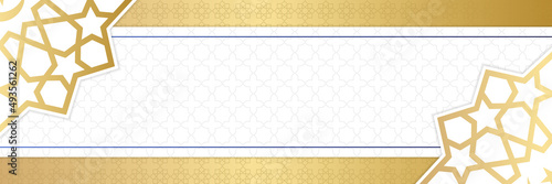 Islamic background, Gift box, lantern, white gold crescent moon on white. Design concept of ramadan kareem, mawlid, iftar,isra and miraj or eid al fitr adha, copy space text area. Vector illustration