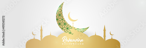 Islamic background, Gift box, lantern, white gold crescent moon on white. Design concept of ramadan kareem, mawlid, iftar,isra and miraj or eid al fitr adha, copy space text area. Vector illustration