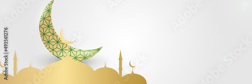 Islamic background, Gift box, lantern, white gold crescent moon on white. Design concept of ramadan kareem, mawlid, iftar,isra and miraj or eid al fitr adha, copy space text area. Vector illustration