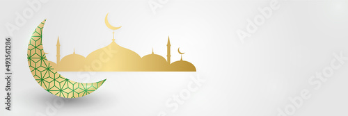 Islamic background, Gift box, lantern, white gold crescent moon on white. Design concept of ramadan kareem, mawlid, iftar,isra and miraj or eid al fitr adha, copy space text area. Vector illustration