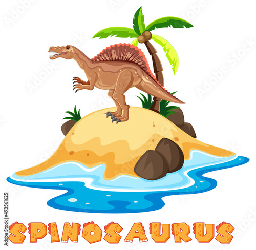 Scene with dinosaurs spinosaurus on island with text design