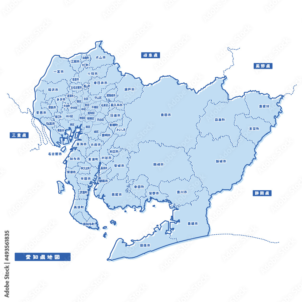 愛知県地図 シンプル淡青 市区町村
