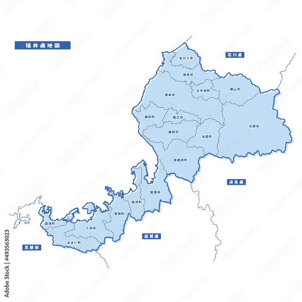 福井県地図 シンプル淡青 市区町村