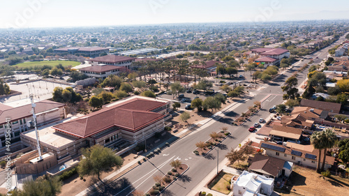 Afternoon aerial view of the downtown skyline and surrounding housing of Peoria, Arizona, USA. photo