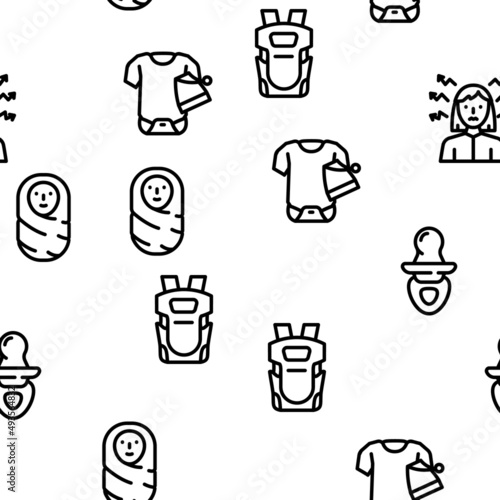 Newborn Baby Sleep Accessories Vector Seamless Pattern Thin Line Illustration