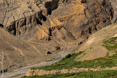 Deep valley and mountains seen near lalung village at Spiti Valley, Himachal Pradesh, India. photo