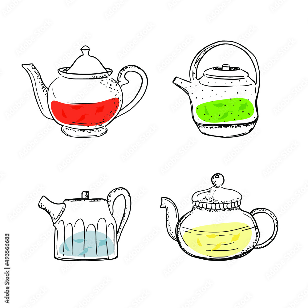 Kettles with different types of tea. tea time. set of hot drinks