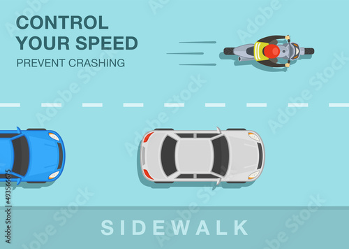 Safety motorcycle driving rules and tips. Control your speed, prevent crashing. Top view of a bike rider on road. Flat vector illustration template.