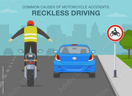 Safety motorcycle driving rules and tips. Common causes of motorcycle crashes are reckless driving. Motorcycle rider standing on a motorcycle while riding on road. Flat vector illustration template. photo