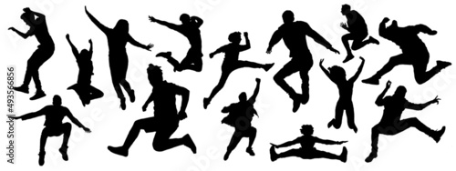 Silhouettes of man and woman jumping on white background.