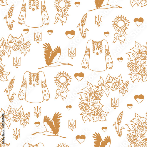 Ukrainian seamless pattern. outline linear Ukrainian symbols on white background - stork, viburnum bush and sunflower, spikelet and heart. Vector illustration in hand drawn doodle style for design