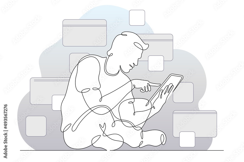 One continuous line.Young man sits with a smartphone in his hands. A man communicates in social networks.Continuous art line drawing isolated white background.
