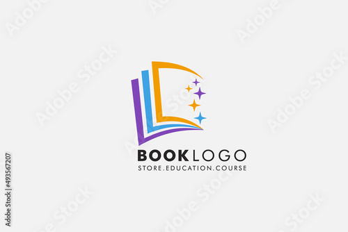 Open Book Logo with star Education Flat Vector logo Design