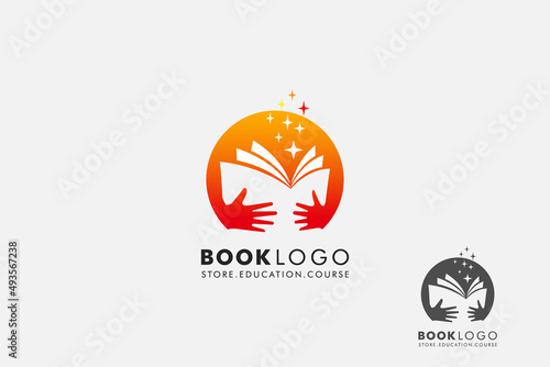 hand keep Open Book isolated circle with star . Logo Education Flat Vector logo Design