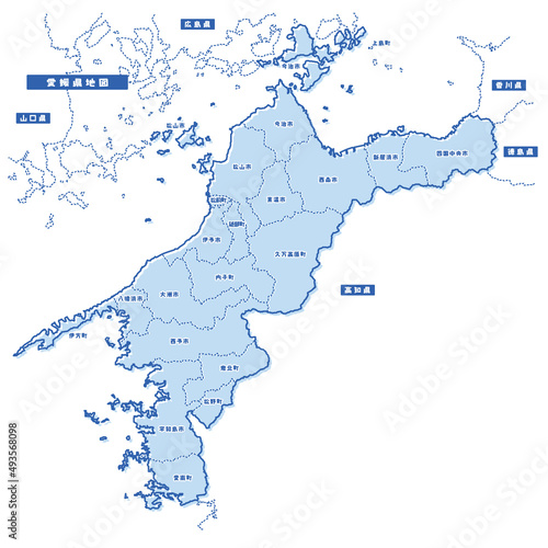 愛媛県地図 シンプル淡青 市区町村