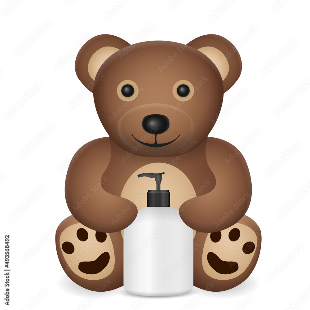 Obraz premium Teddy bear with liquid soap