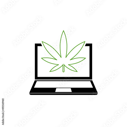Laptop and marijuana or cannabis leaf icon isolated on white background