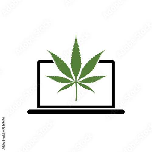Laptop and marijuana or cannabis leaf icon isolated on white background