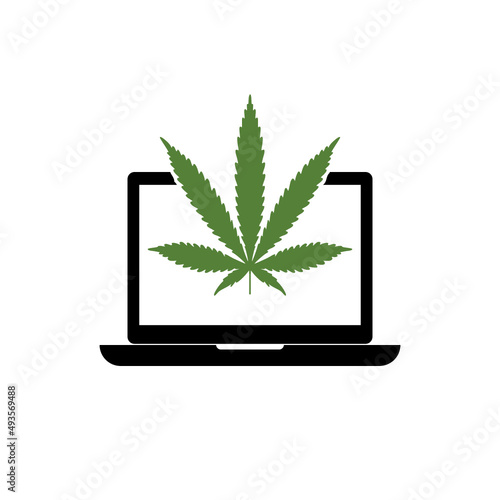 Laptop and marijuana or cannabis leaf icon isolated on white background