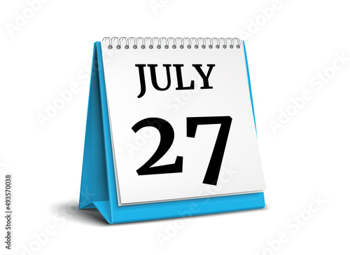 July 27. Calendar on white background. 3D illustration.