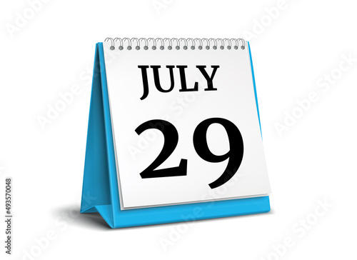 July 29. Calendar on white background. 3D illustration.