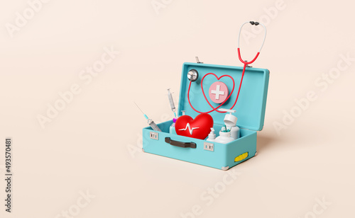 first aid kit bag with stethoscope, syringe, red heart and blood pressure heart rate isolated on cream color background. health love or world heart day concept, 3d illustration, 3d render