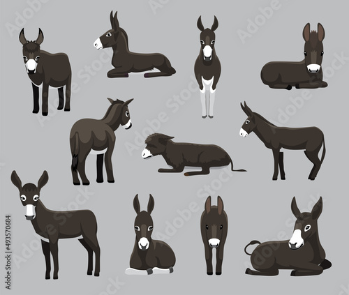 Cartoon Black Donkey Various Poses Cartoon Vector Illustration
