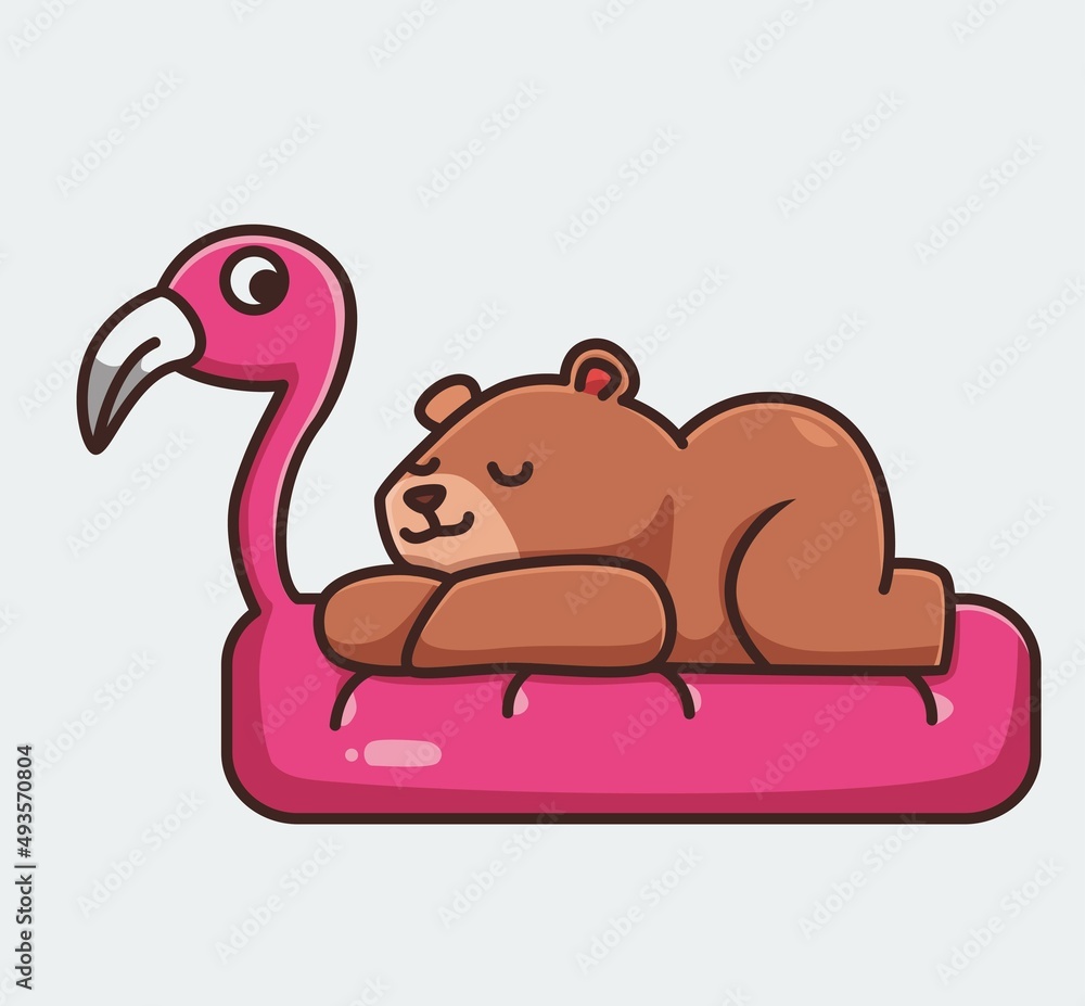 cute grizzly bear brown sleeping on flamingo bed. cartoon animal nature concept Isolated illustration. Flat Style suitable for Sticker Icon Design Premium Logo vector. Mascot Character cute grizzly bear brown sleeping on flamingo bed. cartoon animal nature concept Isolated illustration. Flat Style suitable for Sticker Icon Design Premium Logo vector. Mascot Character