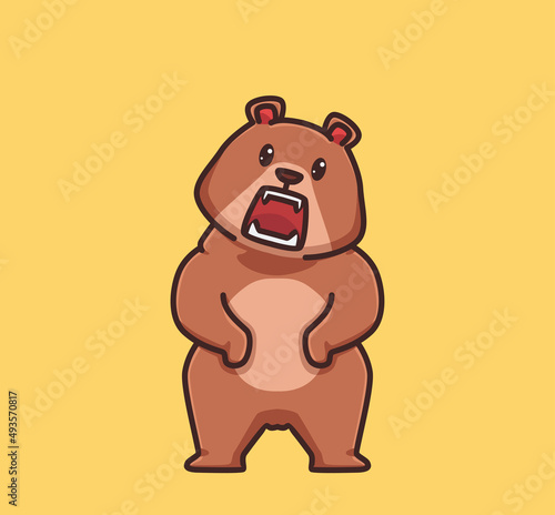 cute grizzly bear standing scream. cartoon animal nature concept Isolated illustration. Flat Style suitable for Sticker Icon Design Premium Logo vector. Mascot Character