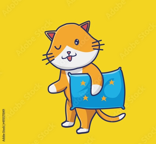 Cute sleepy cat bring a beautiful pillow. Animal Isolated Cartoon Flat Style Sticker Web Design Icon illustration Premium Vector Logo mascot character