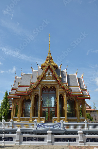 Ancient architecture antique building ubosot church of Wat Bang Phai temple royal monastery for thai people travel visit respect praying buddha at Bangbuathong on July 30, 2011 in Nonthaburi, Thailand