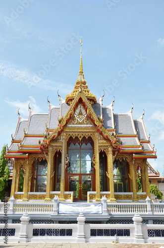 Ancient architecture antique building ubosot church of Wat Bang Phai temple royal monastery for thai people travel visit respect praying buddha and holy worship at Bangbuathong in Nonthaburi, Thailand
