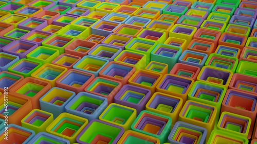 Mixed size of colorful square (round corner) in dark background (3D Rendering)
