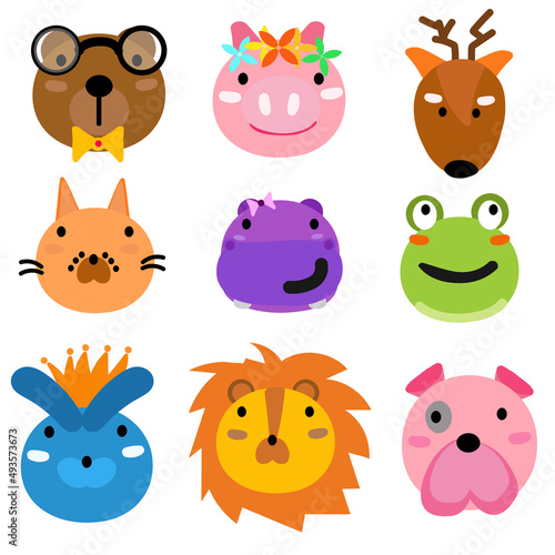 Cute animal faces set. Hand drawn characters. Vector illustration.