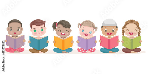 Children of various nationalities sit and read a book.
