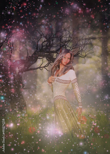 Celtic sorcerer woman in forest