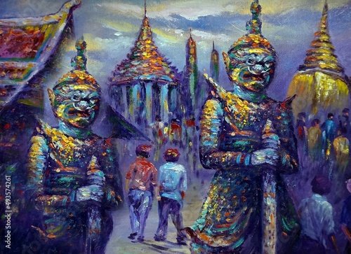 Art painting Oil color giant guardians Literature Ramayana religion background From Thailand