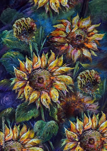 Art painting drawing skills Hand drawn Oil color abstract sunflowers from Thailand , botany