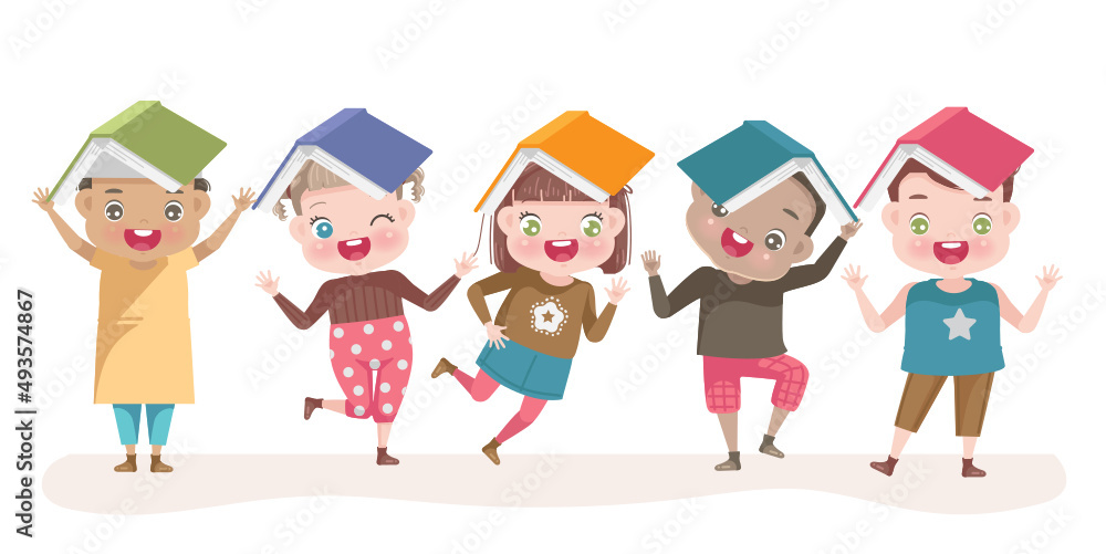 Confused children put a book on their head.