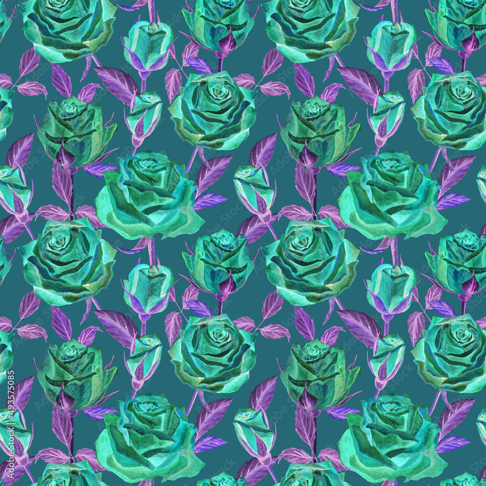Bright ornament of turquoise, blue, roses on a purple background. Blooming buds, flowers, leaves, branches, buds, petals. Seamless watercolor pattern for textiles, clothing, gift paper, shawl.