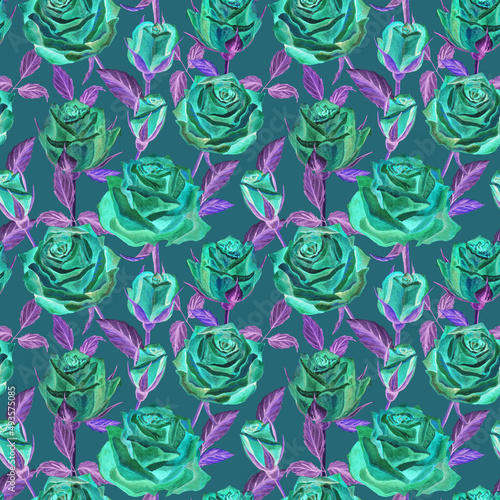 Bright ornament of turquoise, blue, roses on a purple background. Blooming buds, flowers, leaves, branches, buds, petals. Seamless watercolor pattern for textiles, clothing, gift paper, shawl.