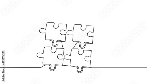 Continuous one line drawing of four pieces jigsaw puzzle