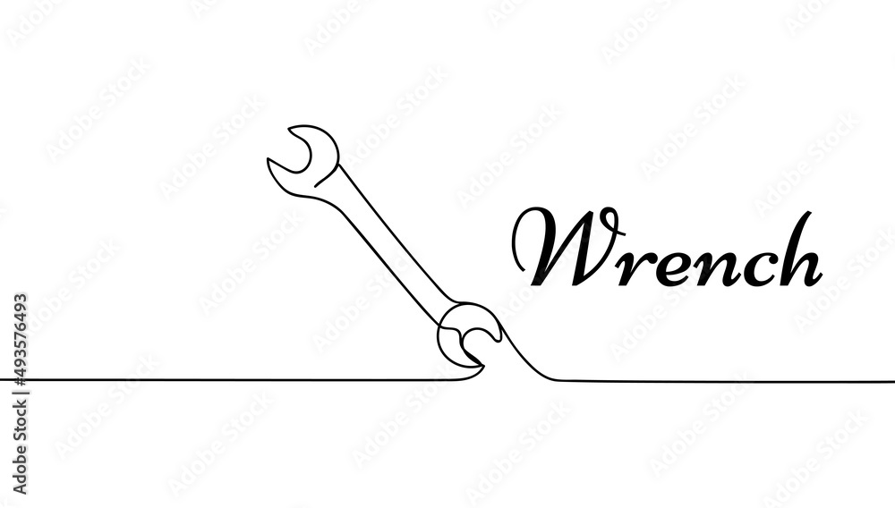 One mechanical wrench for nuts drawn in one continuous line black color isolated on white background One mechanical wrench for nuts drawn in one continuous line black color isolated on white background
